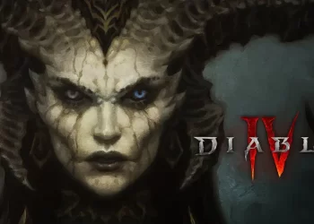 A dark, demonic figure with a cracked, stone-like face, glowing blue eyes, and large, ornate horns is featured prominently. The background is shadowy, with the text "Diablo IV" in a gothic font on the right. Don't miss the Diablo 4 release date announced soon! | FintechZoom