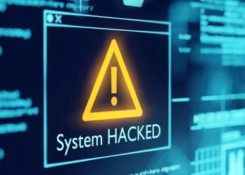 A digital screen displays a warning sign with a yellow triangle and an exclamation mark. Below the sign, the text reads "System HACKED!" Various lines of code and technical images are seen in the background, illustrating Cyber Threats 2024 and indicating a severe cybersecurity breach. | FintechZoom