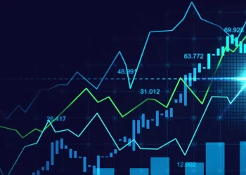 A digital image depicts a financial chart with fluctuating lines, graphs, and bar charts in blue and green on a dark background. The lines show varied data trends, with a significant upward spike highlighted by a bright light point. Numerical values are shown along the axes, ideal for the Best Forex Brokers analysis. | FintechZoom