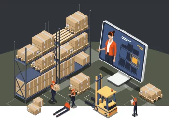 Illustration of warehouse workers moving boxes on shelves inside a modern warehouse. A large computer screen shows a person in an orange jacket providing guidance, indicating a real-time inventory management system. A forklift is transporting a pallet of boxes. | FintechZoom