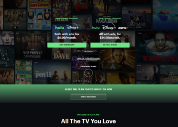 Screenshot of Hulu's subscription plans page on Hulu.com/activate. Background shows various TV show covers. Center text offers two bundles: Hulu and Disney+ for $9.99/month with ads, and Hulu, Disney+, and ESPN+ for $14.99/month with ads. Below is a button saying "Start Building. | FintechZoom