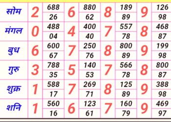 A colorful table, resembling a Kalyan Panel Chart, features seven rows labeled in Hindi: "सोम", "मंगल", "बुध", "गुरु", "शुक्र", "शनि". The columns display various numbers in red and black digits. | FintechZoom