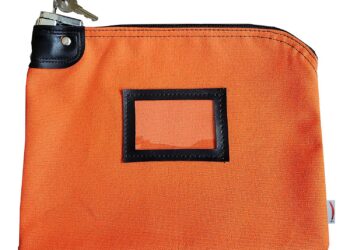 An orange zippered money bag with a black lock mechanism and a key attached. The pouch has a transparent ID card holder on the front and features black leather-like trim at the top near the zipper. | FintechZoom