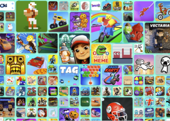 A colorful collage of various game icons. Prominent games include pixelated characters, bike riding, puzzle-solving, animals, food creations, and sports. The "Poki" logo is visible at the top left corner. The icons showcase a wide range of game genres and styles from Poki Games. | FintechZoom