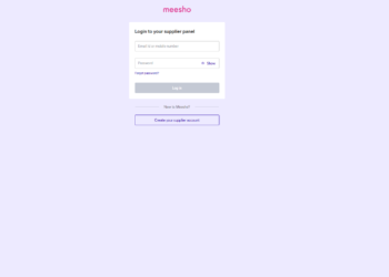 A login page for Meesho's supplier panel with fields for email/mobile number and password, a "Show" toggle for the password, and "Log in" and "Forgot password?" buttons. Below, options for new users include, "New to the Meesho supplier panel?" and "Create new supplier account. | FintechZoom