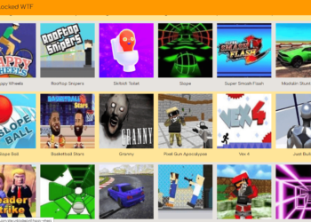 Screenshot of the Unblocked Games WTF website displaying 16 game icons with titles: Happy Wheels, Rooftop Snipers, Skibidi Toilet, Slope, Super Smash Flash, Madalin Stunt Cars 2, Slope Ball, Basketball Stars, Granny, Pixel Gun Apocalypse, Vex 4, Just Build, Leader Strike. | FintechZoom