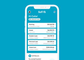 A smartphone screen displaying a financial app interface. The top section shows a welcome message "Hi Calia!" with 2,345 SoFi points. Below are balances for Banking, Invest, SoFi Stock, Student Loan, Personal Loan, and Home Loan. The background is teal. | FintechZoom