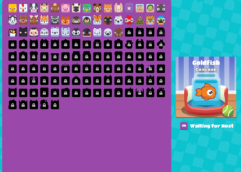 A game interface with a purple grid displaying numerous animal icons, some locked and some unlocked. The right side shows a "Goldfish" character labeled "Common" in a glass, under which is the text "Waiting for Host." The background is a blue checkered pattern, perfect for exploring Blooket Hacks. | FintechZoom