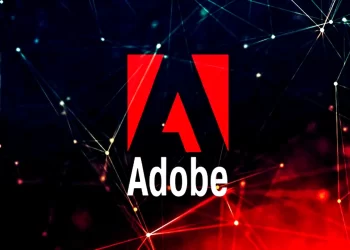 The image features the Adobe logo, a stylized red "A" on a dark background with interconnected lines and dots, creating a network-like pattern. Below the logo, "Adobe Stock" is written in white text. | FintechZoom