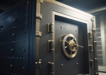 A securely locked vault in a dimly lit room, featuring a heavy metal door with bolts and a combination wheel lock, conveys an atmosphere of banking security and protection. | FintechZoom
