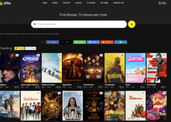 The BFLIX interface is displayed, showcasing trending movies and TV shows. The screen features a search bar at the top, with various movie posters like 'Napoleon,' 'Oppenheimer,' 'Barbie,' and 'John Wick' below it. The trending section includes 15 titles, highlighting the latest in entertainment.
 | FintechZoom