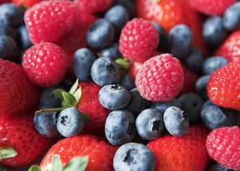 A close-up of a colorful assortment of fresh berries, including red raspberries, ripe strawberries with green leaves, and plump blueberries. These vibrant foods rich in antioxidants showcase their vivid colors and enticing textures beautifully. | FintechZoom