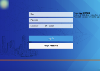 A CFMS Login screen with fields for User, Password, and Language selection. A "Log On" button and a "Forgot Password" link are also present. Background features a geometric design and faint cityscape illustration with "Amaravathi" text. "Know Your CFMS ID" instruction on the side. | FintechZoom