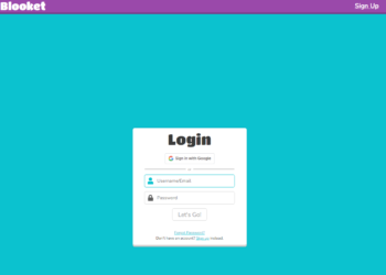 A Blooket login page features a purple header and options to sign in with Google, or enter a Username or Email, along with a Password. Buttons for "Let's Go!", "Forgot Password?" and "Sign Up" are also available. The background is teal. | FintechZoom