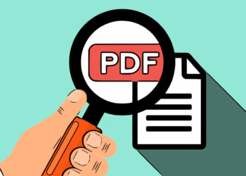 Illustration of a hand holding a magnifying glass, enlarging the word "PDF Drive" over an icon of a document. The background is a light teal color, and the document has shadowing effects to give a sense of depth. | FintechZoom