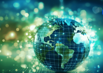 A glowing digital representation of the Earth with a grid overlay is set against a vibrant background of light particles. The continents are clearly visible, with bright green and blue tones. In the upper right corner, there is a design of three blue geometric shapes, symbolizing the best VPN protection. | FintechZoom