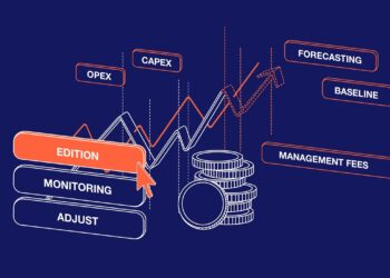 A financial diagram featuring a rising line graph with icons for stacks of coins. Labels include OPEX, CAPEX, FORECASTING, BASELINE, MANAGEMENT FEES, and REAL ESTATE. A highlighted “EDITION” button with a cursor overlapping it also shows MONITORING and ADJUST below. Background is dark blue. | FintechZoom