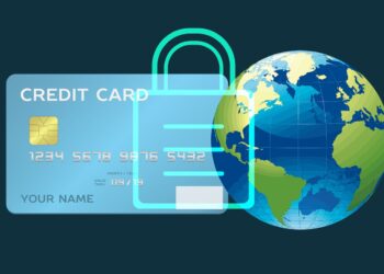 An illustration featuring a credit card labeled "CREDIT CARD" with placeholder numbers and "YOUR NAME" next to a globe. Overlaid is a translucent, glowing lock icon, symbolizing global financial security and data protection, vital in the industry of online lending. | FintechZoom