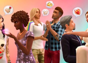 A diverse group of six animated characters, standing in front of a colorful gradient background, engage in lively conversation with speech bubbles featuring a rose, wedding rings, a handshake, and a heart. Their varied hairstyles and outfits are reminiscent of Sims 4 Mods. | FintechZoom