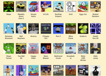 A grid listing "Top unblocked HTML5 games without Flash." Games include Slope, Madalin Stunt Cars 2, Smash Karts, 1v1.LOL, Rooftop Snipers, OvO, Eggy Car, among others. Each game is showcased with a small square icon depicting the game and can be found on Unblocked Games Premium. | FintechZoom