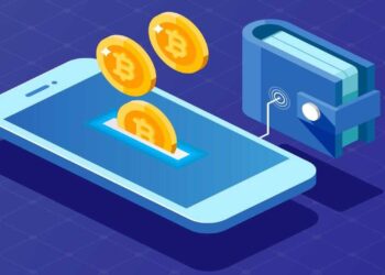 An illustration of a smartphone with bitcoins dropping into it, connected to a digital wallet. The smartphone is angled, and three bitcoins are shown mid-air above the screen, with the wallet depicted to the right. This highlights one of the best crypto wallets for seamless fund transfers. | FintechZoom