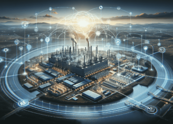 A large, modern industrial complex is depicted in a futuristic setting at sunset. Digital icons symbolizing fintech innovations and other technologies encircle the facility, contrasting with the surrounding natural landscape of mountains and a river, suggesting industrial innovation and connectivity. | FintechZoom