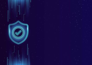 A glowing shield with a checkmark in the center, symbolizing VPN protection, is depicted on the left side of a dark blue background filled with digital circuit patterns and stars. The right side of the image is mostly empty space. | FintechZoom