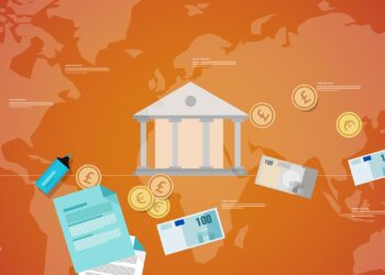 Illustration of a global financial theme showing a classical bank building in the center, surrounded by different currency symbols, money bills, coins, a calculator, a pen, and documents against a world map background in shades of orange. Subtle hints at casino banking methods add an extra layer of intrigue to the scene. | FintechZoom