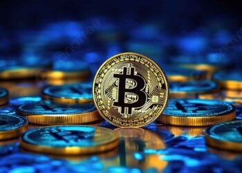 A close-up of a golden Bitcoin coin standing upright among several other Bitcoin coins laid flat against a shiny, reflective blue surface. The iconic Bitcoin "B" logo is prominently visible on the coins, celebrating the moment as the Bitcoin price soars. The background is out of focus, emphasizing the coins. | FintechZoom
