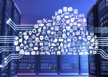 Digital illustration of a cloud computing network superimposed on a background of server racks in a data center. The cloud, representing cloud computing services, is filled with various icons such as gears, locks, clocks, and other symbols related to data and technology connectivity. | FintechZoom