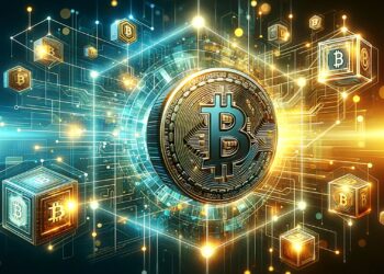 A digital illustration depicts a Bitcoin symbol at the center, surrounded by glowing lines and floating cubes, highlighting blockchain and cryptocurrency technology, possibly referencing a crypto presale. The background features a mix of blue and golden hues, giving a futuristic and dynamic feel. | FintechZoom