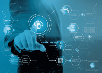 A person interacts with a holographic interface displaying cloud computing icons. Various symbols such as lock, lightbulb, and calendar are connected by hexagonal lines, illustrating concepts like data security, innovation, employee engagement, and scheduling. Text placeholders are present. | FintechZoom