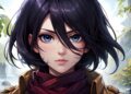 A detailed anime-style illustration of a young woman with short black hair and striking blue eyes, designed as an AI Anime Character. She wears a red scarf and a brown jacket, standing in a lush, green landscape with a waterfall in the background. The expression on her face is serious. | FintechZoom