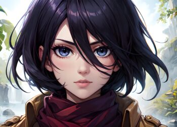 A detailed anime-style illustration of a young woman with short black hair and striking blue eyes, designed as an AI Anime Character. She wears a red scarf and a brown jacket, standing in a lush, green landscape with a waterfall in the background. The expression on her face is serious. | FintechZoom