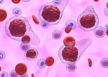 A microscopic view of various human blood cells, including red and white blood cells and large, spherical cancer cells with irregular surfaces, set against a pink background. The different cell types are dispersed, highlighting cellular diversity—reminiscent of the dynamic fluctuations seen in Morphosys AG Stock. | FintechZoom