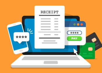 Illustration of an online payment concept tailored for online casino payments. A laptop screen displays a receipt, a payment window with a 'Pay' button, and a password field. Surrounding the laptop are a mobile phone with a password field and credit cards on an orange background. | FintechZoom