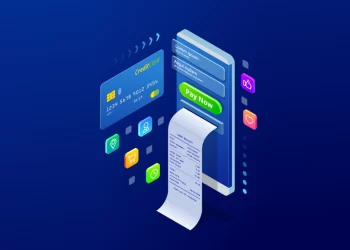 A digital illustration showing a credit card above a smartphone screen with a "Pay Now" button. A paper receipt emerges from the phone, symbolizing online payments. Surrounding are icons depicting various apps and services, including maps, messages, and photos, all set on a blue background. | FintechZoom