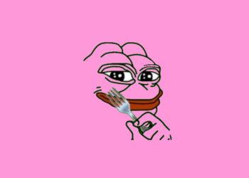 A digital drawing of a Pepe-like frog character with a smirking expression. The character is holding a fork with a piece of meat on it, set against a solid pink background. | FintechZoom