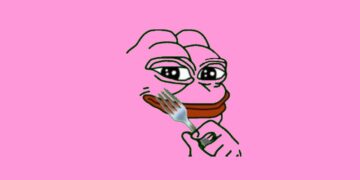 A digital drawing of a Pepe-like frog character with a smirking expression. The character is holding a fork with a piece of meat on it, set against a solid pink background. | FintechZoom