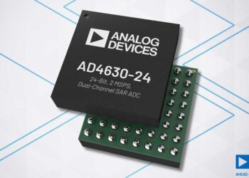 Image showing two stacked microchips with text "ANALOG DEVICES AD4630-24, 24-Bit, 2 MSPS, Dual-Channel SAR ADC" on the top chip. Both chips are set on a geometric patterned background. The Analog Devices logo and the slogan "AHEAD OF WHAT'S POSSIBLE" adorn the bottom right, showcasing a prime example of ADI stock | FintechZoom