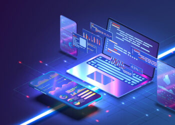 A futuristic digital illustration showing a laptop, smartphone, and floating screens displaying charts, graphs, and code. The devices have holographic interfaces projecting colorful data visualizations, embodying advanced technology. The background is a grid with neon lights. | FintechZoom