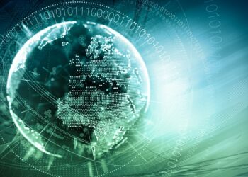 An abstract digital image of a globe against a blue-green background. The globe, consisting of binary code and digital lines, symbolizes global connectivity and technology. Surrounding patterns of numbers and lines emphasize the theme of digital communication in the business world. | FintechZoom