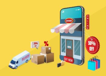 Illustration of an online store on a smartphone with a "Buy Now" button and "Open" sign. A delivery truck, boxes, a 70% off sign, and a 50% off tag are also present, alongside several multicolored shopping bags on a yellow background. Learn how to measure SEO ROI effectively in your e-commerce strategy. | FintechZoom