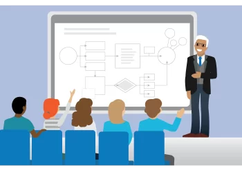 Illustration of a man in a suit and sunglasses presenting a diagram on a large screen to a diverse group of five seated individuals. Two audience members have their hands raised, indicating they are engaged and possibly asking questions, contributing to the storytelling experience. | FintechZoom