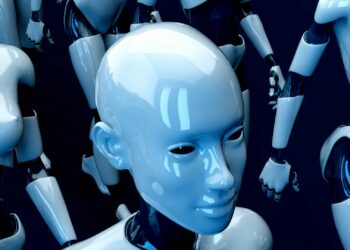 A group of shiny, blue humanoid robots with smooth, featureless faces and articulated limbs. The robots are closely packed together, creating a somewhat eerie and futuristic atmosphere. The focus is on the face of one robot in the foreground, hinting at advanced AI capabilities. | FintechZoom