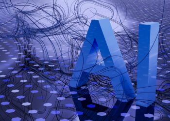 A large, blue 3D "AI" stands prominently in the center of a reflective, hexagonal-tiled surface. Wispy, interconnected lines surround the text, creating a dynamic, futuristic ambiance that echoes AI-driven conversational interfaces. The background fades into a gradient of bluish hues. | FintechZoom