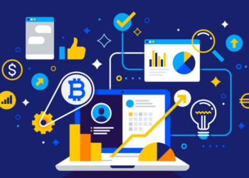 An illustration of a laptop surrounded by various icons representing technology, finance, and automation trends, including charts, a Bitcoin symbol, graphs, a lightbulb, and currency symbols, all connected by lines and nodes against a dark blue background. | FintechZoom