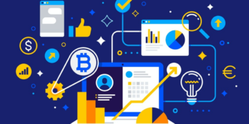 An illustration of a laptop surrounded by various icons representing technology, finance, and automation trends, including charts, a Bitcoin symbol, graphs, a lightbulb, and currency symbols, all connected by lines and nodes against a dark blue background. | FintechZoom