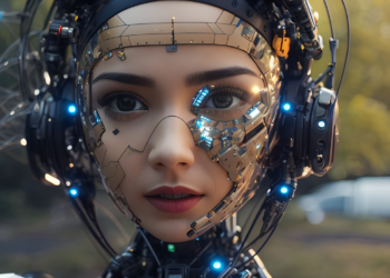 A close-up of a futuristic female android with realistic human features. Her face is partially covered by intricate metallic and circuit components, with blue lights glowing, showcasing AI creativity at its finest. She stands outdoors with trees and sunlight in the blurred background. | FintechZoom