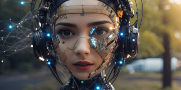 A close-up of a futuristic female android with realistic human features. Her face is partially covered by intricate metallic and circuit components, with blue lights glowing, showcasing AI creativity at its finest. She stands outdoors with trees and sunlight in the blurred background. | FintechZoom